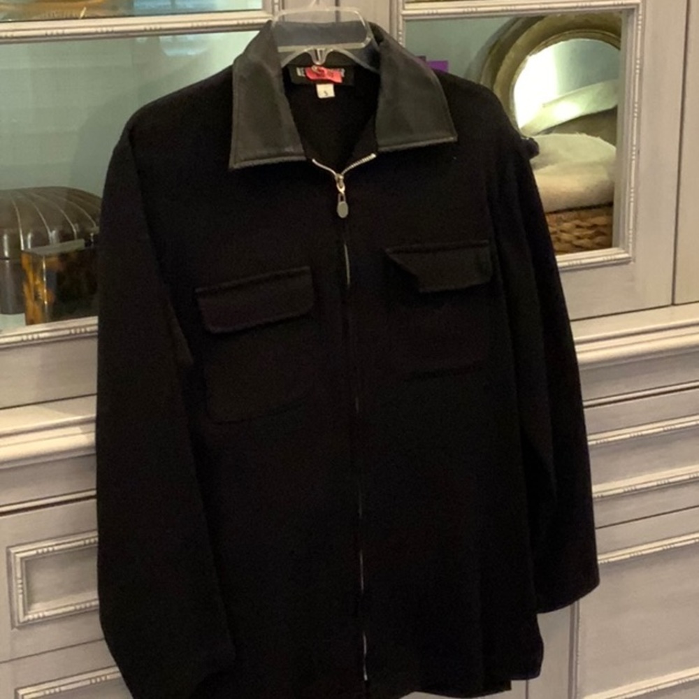 Black zipper shirt with leather collar